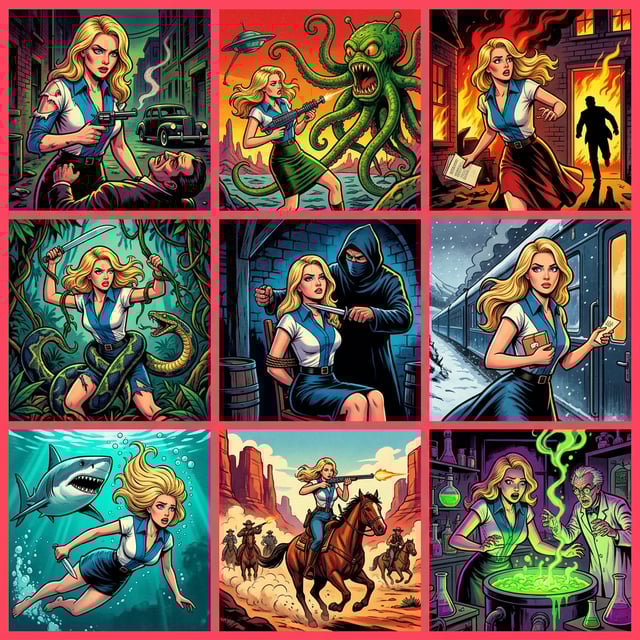 Book cover illustration in pulp fiction style of a blonde woman in various dangerous scenarios, including fighting monsters and criminals. pulp fiction cover