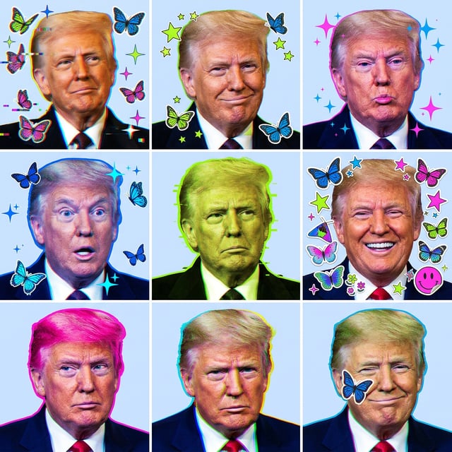 Social media visual tiktok trend overlay collage of Donald Trump with colorful butterflies and glitch effects.