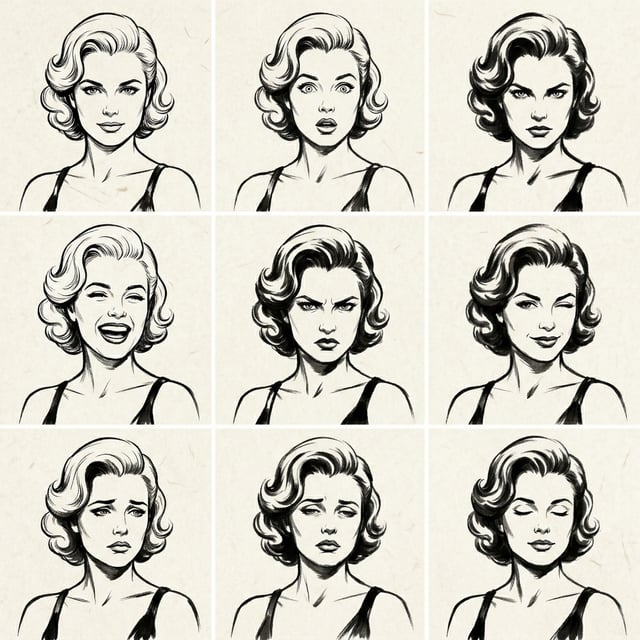 Sketch lineart ink brush portrait of a woman displaying nine different emotions with expressive facial features.