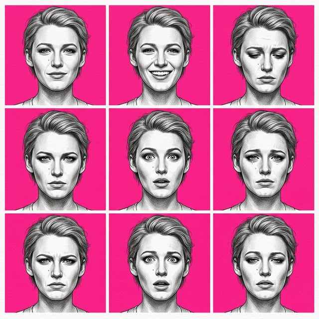 Sketch lineart editorial sports sketch of a woman displaying various emotions against a vibrant pink background.