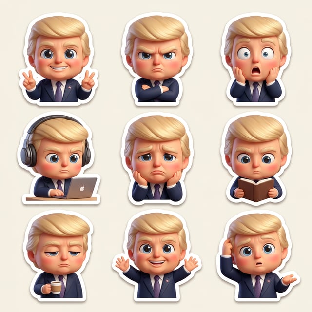 Sticker pack generator chibi sticker pack of Donald Trump in various expressive poses and emotions.