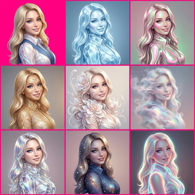 AI art movement dreamy diffusion aesthetic portraits of a blonde woman in various artistic styles and textures.