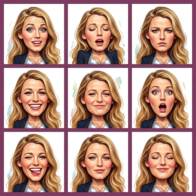 Photo to glossy 3d cartoon expression grid of a woman showing various emotions in a political caricature style. political editorial caricature