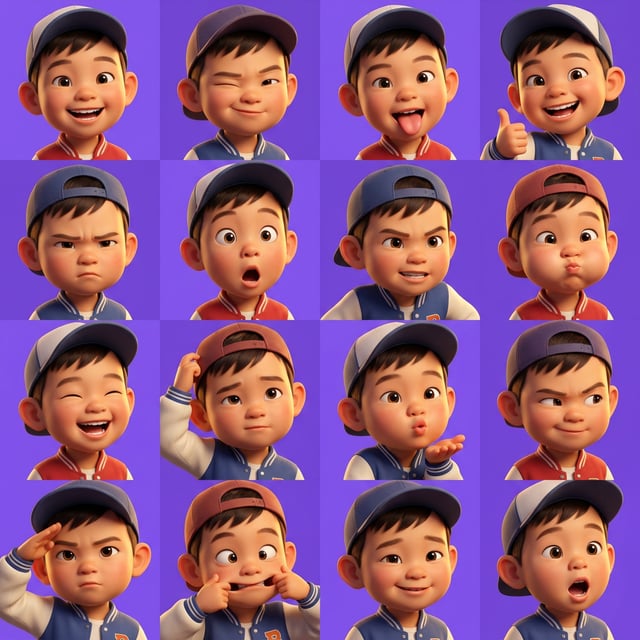 Pixar 3D cartoon boy with American all-star style showing multiple expressive emotions and gestures on purple background. american all star boy