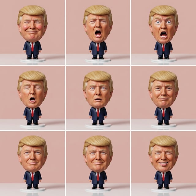 Photo to glossy 3d cartoon expression grid bobblehead of Donald Trump in various exaggerated facial expressions.