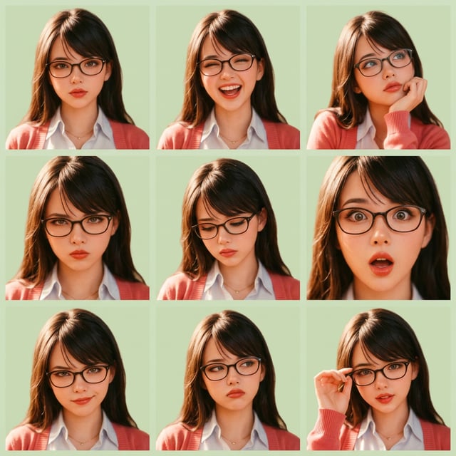 Retro vintage photo with Kodachrome 1960s style of a young woman with glasses showing various expressions.