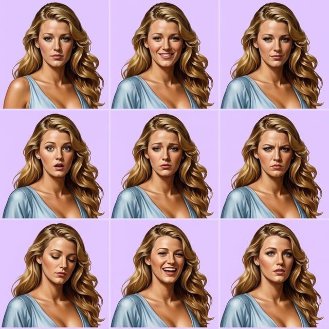 Renaissance cartoon art style portraits of a blonde woman displaying nine different emotions on a lavender background. art styles cartoon