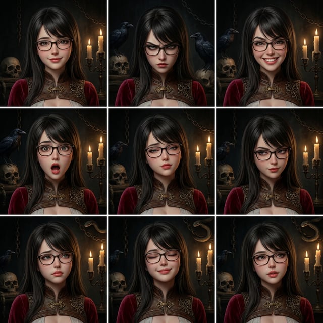 Photo to glossy 3d cartoon expression grid of a gothic woman with dark fantasy elements and varied facial expressions. dark fantasy gothic