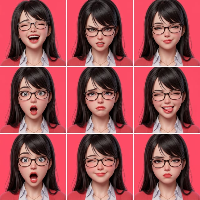 3d lp general ad featuring a woman with glasses displaying nine different emotional expressions.