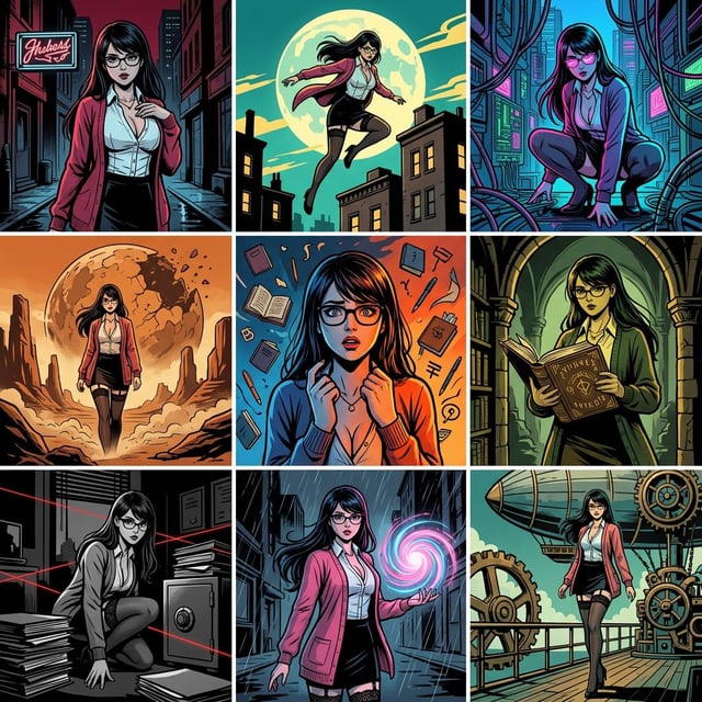 Book cover illustration in manga volume cover style of a woman with glasses in various action-packed scenes.