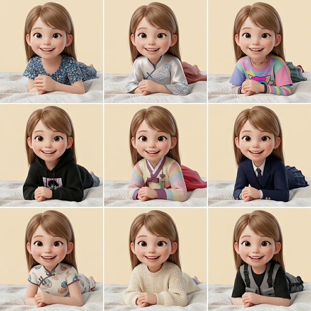 Pixar 3D cartoon girl East Asian girl portraits showcase diverse outfits from traditional hanbok to modern streetwear.