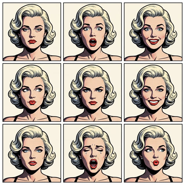 Photo to glossy 3D cartoon expression grid in comic style, showing Marilyn Monroe with nine different emotions.