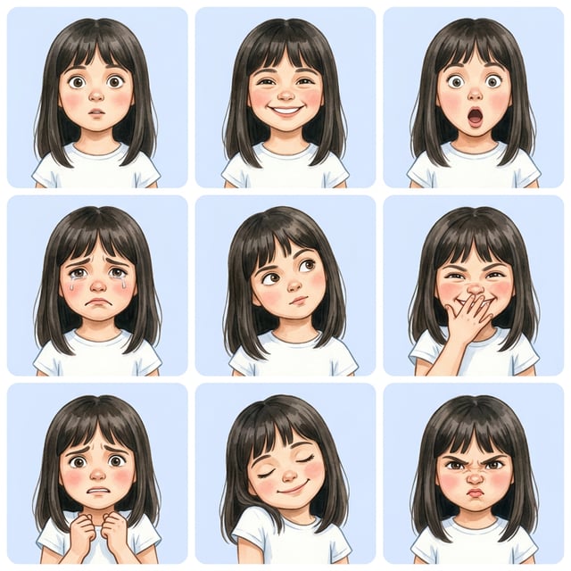 Book cover illustration of a young girl showing various emotions in a children's book illustration style. childrens book illustration