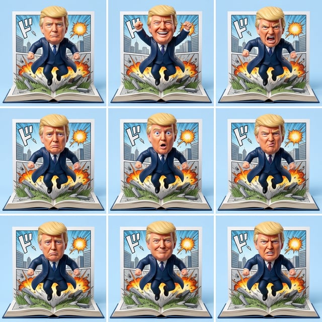 Custom CM manga pop-up book featuring Donald Trump figures in various action poses with comic book explosions. cm manga pop up book