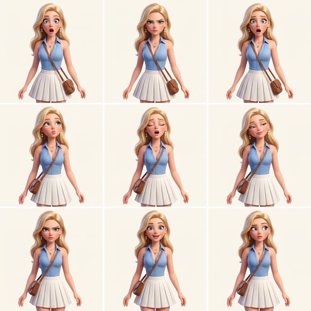 Photo to glossy 3d cartoon expression grid of a blonde fashion doll in various Pixar-style poses and emotions. pixar fullbody fashion doll