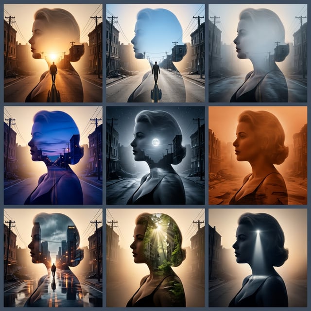 Reality breaking illusion double exposure portrait of a woman superimposed over a desolate city street scene.