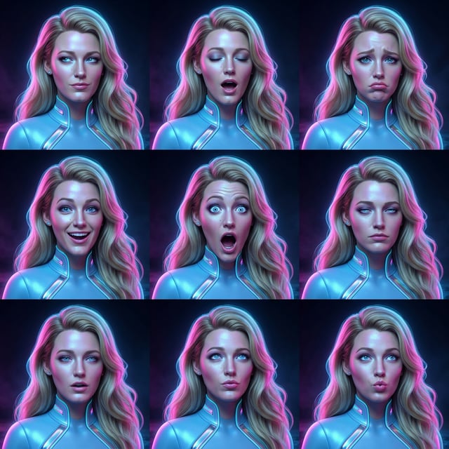 Photo to glossy 3D cartoon expression grid in cyberpunk style featuring a woman with blonde hair and various facial emotions.