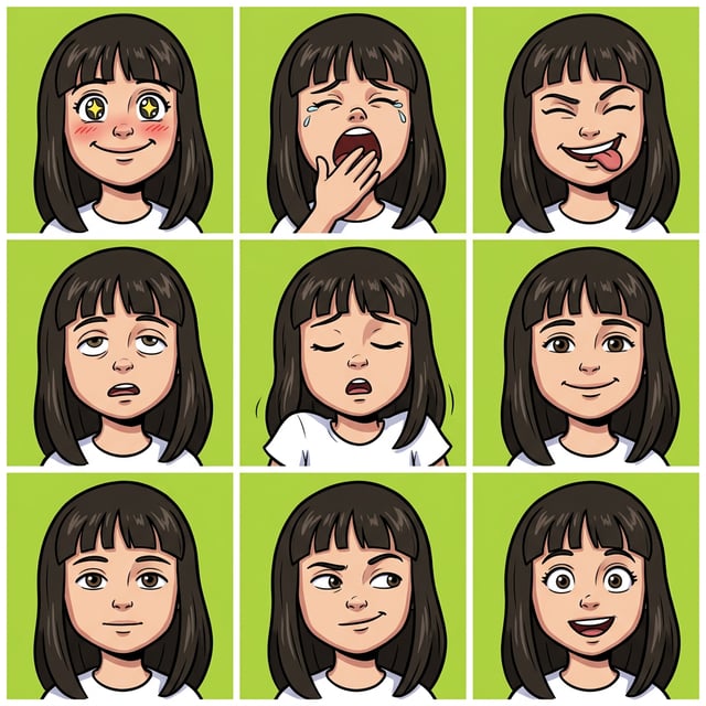 AI cartoon yourself in classic cartoon style shows a girl with nine different expressive faces on a green background.