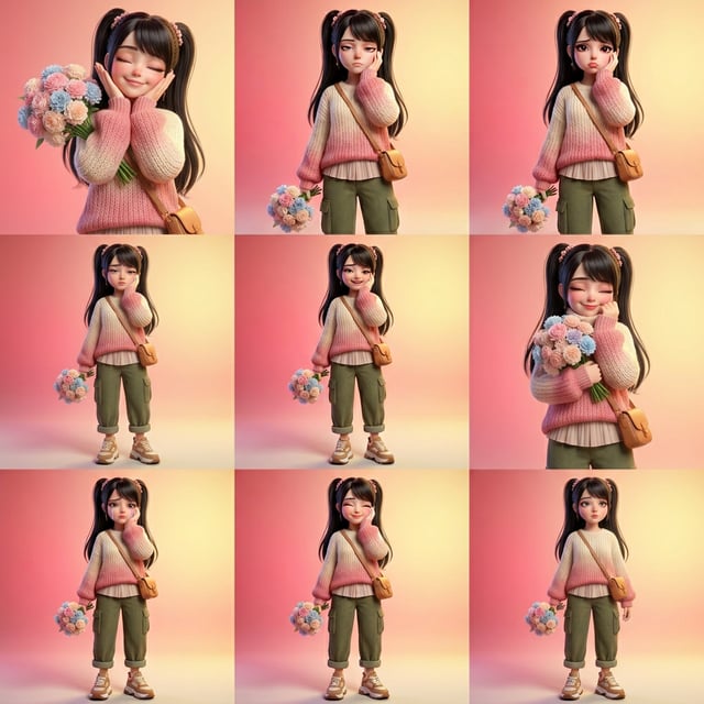 Photo to glossy 3d cartoon expression grid of a girl in pixar fullbody winter style holding a bouquet of flowers.