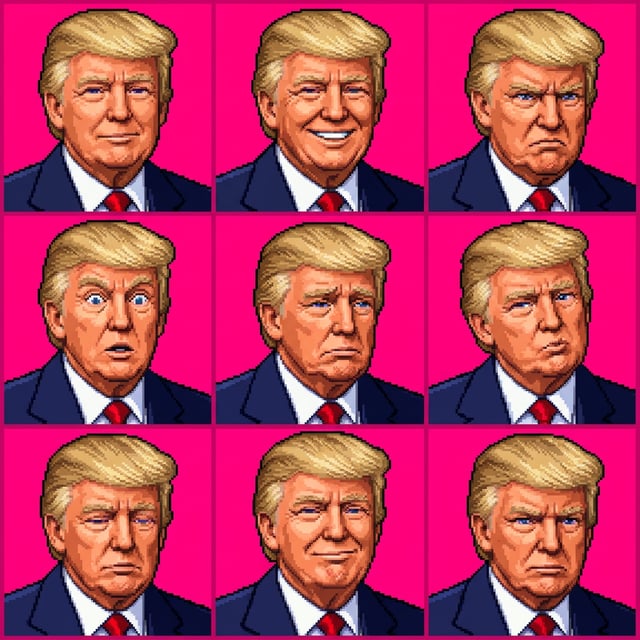 Pixel art converter SNES 16bit style portraits of Donald Trump showing various facial expressions on a pink background.