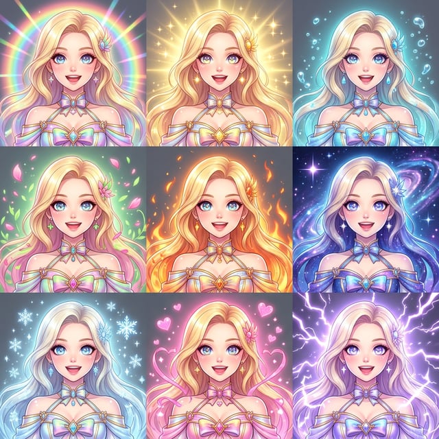 Anime manga illustration of a magical girl with sparkle effects, featuring vibrant elemental themes and a dreamy aesthetic. magical girl sparkle