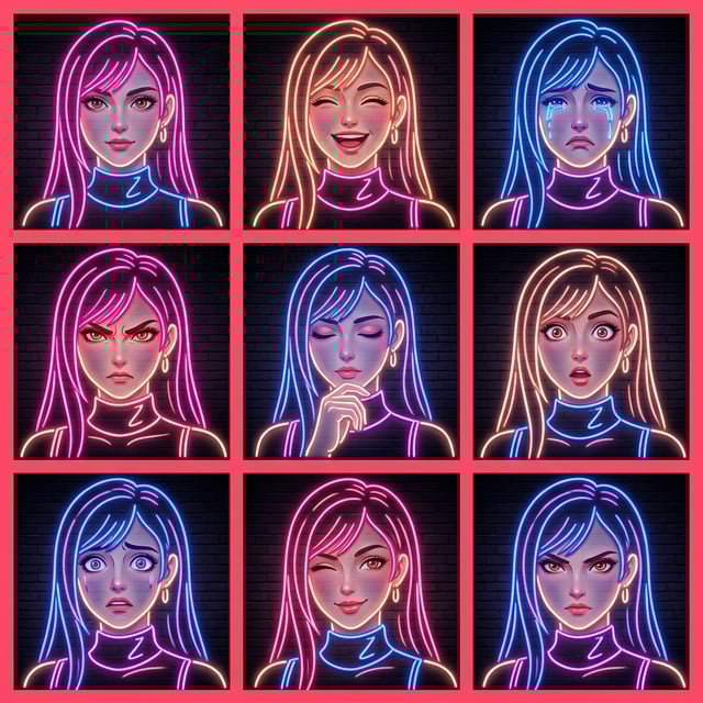 Advertising poster generator neon sign mockup of diverse female emotions and expressions against a dark brick background.