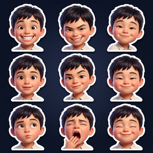 Character sticker pack generator showcasing a boy with various expressive emotions, perfect for a custom sticker pack.