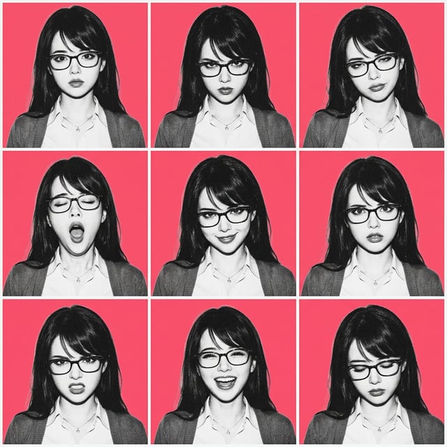 Retro vintage photo collage of a young woman with glasses showing various expressions in a grunge 1990s style.