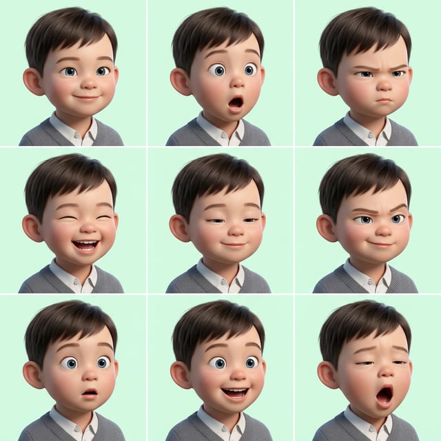 Pixar 3d cartoon boy showing various european boy expressions, from happy to surprised and angry.