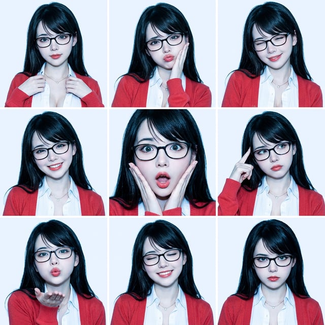 Retro vintage photo y2k chrome digital collage of a young woman with glasses making various playful expressions.