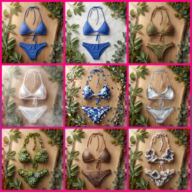Product photography stylizer showcasing nature organic bikinis made from plants, crystals, and shimmering materials. nature organic product