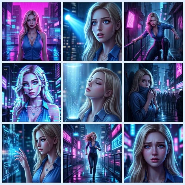 Cyberpunk urban night interior exterior stylizer portrait of a blonde woman with blue eyes in a neon city.