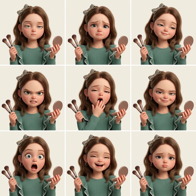 Photo to glossy 3d cartoon expression grid of a girl showing various emotions with makeup brushes and a mirror. pixar beauty portrait