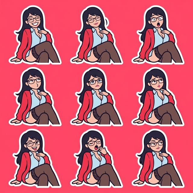 AI sticker maker flat vector collection of a woman in various expressive poses and emotions.