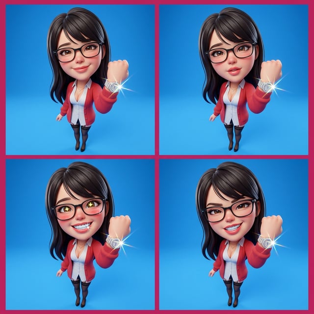 Photo to glossy 3d cartoon expression grid diamond caricature 3d of a woman with a fist raised.
