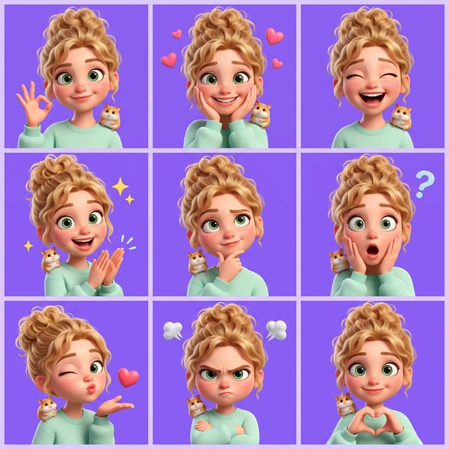 Custom CM Pixar girl sticker sheet featuring a blonde girl with a hamster showing various emotions and gestures.