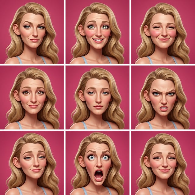 Photo to glossy 3d cartoon expression grid of a woman displaying various hyper caricature 3d emotions on a pink background.