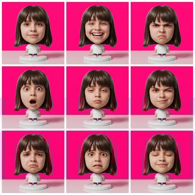 Toy figurine transformation bobblehead figurine of a young girl displaying various emotions against a vibrant pink background.