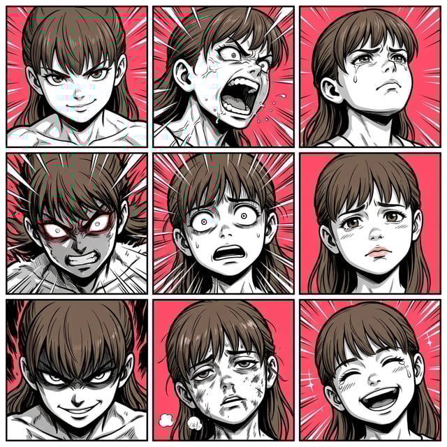 Anime manga illustration shonen action panels showing a young woman's diverse emotional expressions in a comic style.