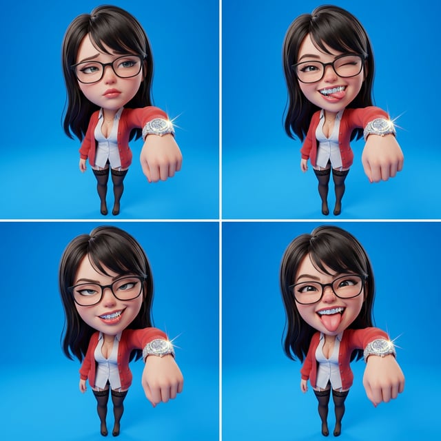 Photo to glossy 3d cartoon expression grid diamond caricature 3d of a woman with different playful expressions.