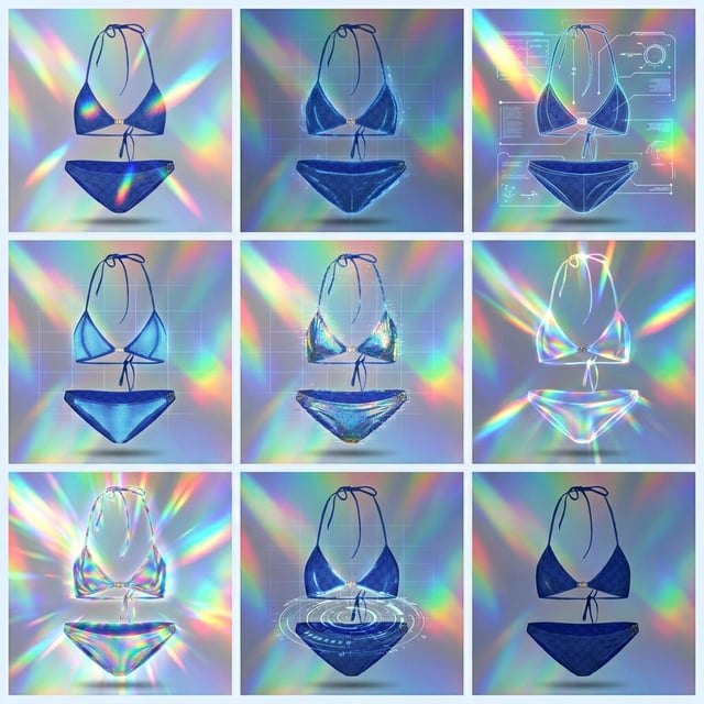 Product photography stylizer showcasing holographic futuristic bikinis with vibrant rainbow light effects and digital overlays.