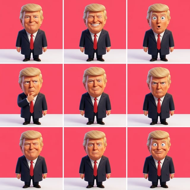 Custom cm pixar avatar of Donald Trump showing various exaggerated facial expressions and emotions in a grid layout.