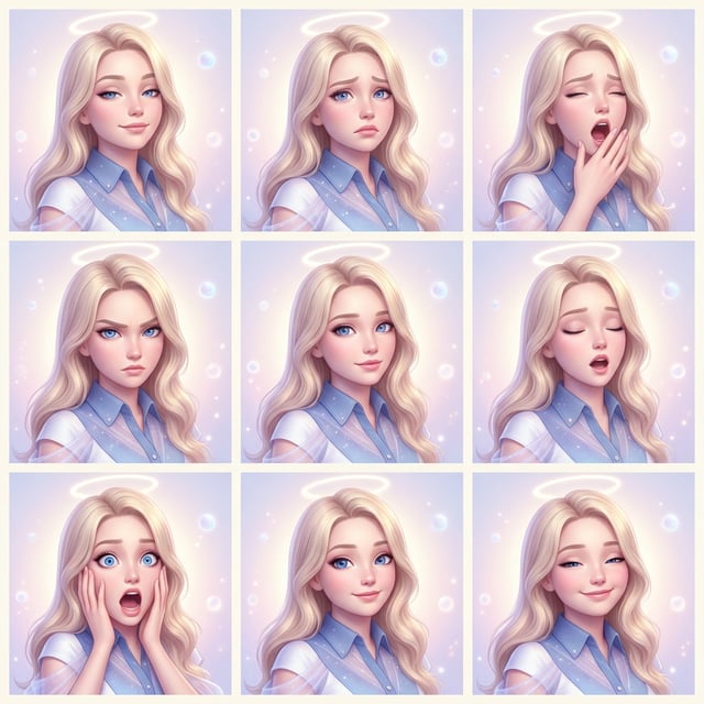 Photo to glossy 3d cartoon expression grid of a blonde woman with ethereal core style showing various emotions.