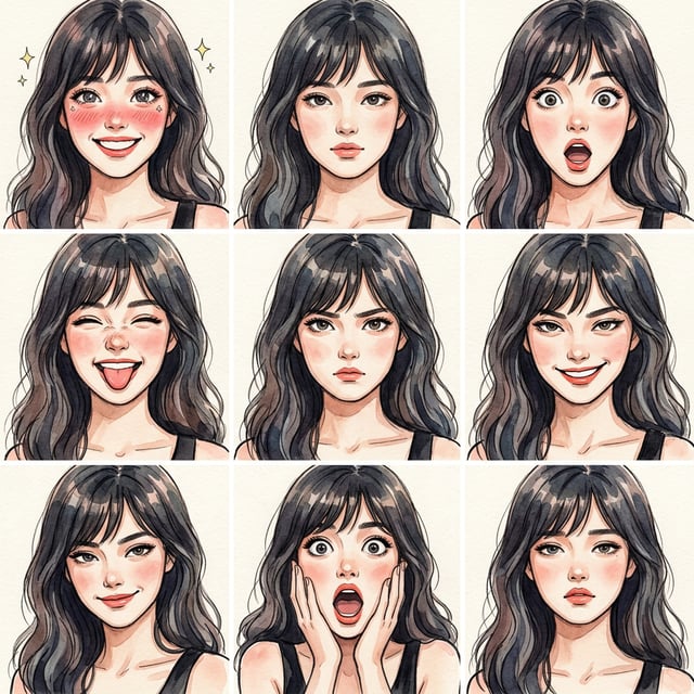 Photo to glossy 3d cartoon expression grid in watercolor style showing a young woman's diverse emotions in a nine-panel layout.