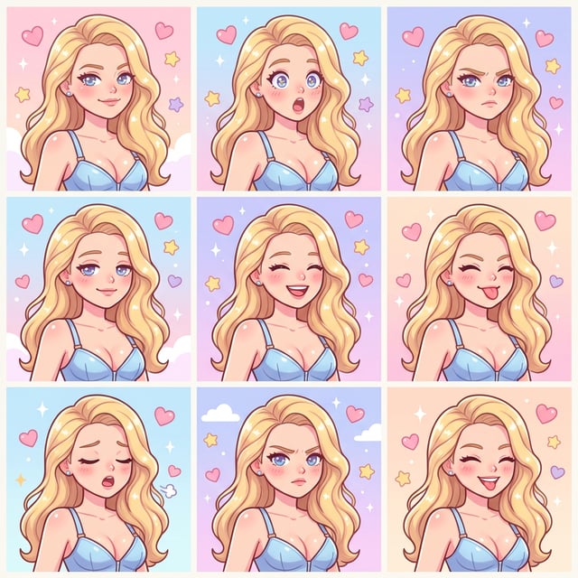 Photo to glossy 3d cartoon expression grid of a blonde woman showing multiple kawaii pastel dream emotions.