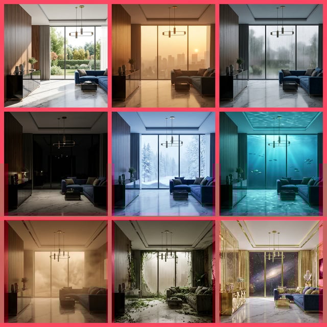 Interior exterior stylizer interior render photoreal of a modern living room with various dramatic window views.