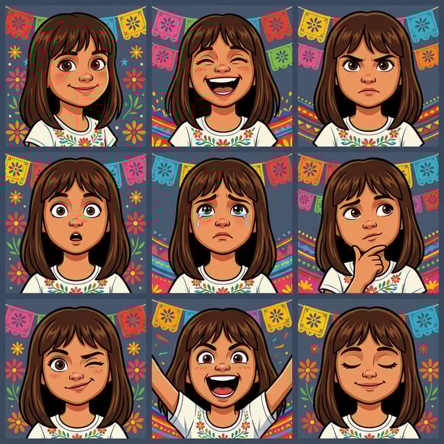 Cartoon style Latin American cartoon of a girl showing various emotions with colorful papel picado decorations.