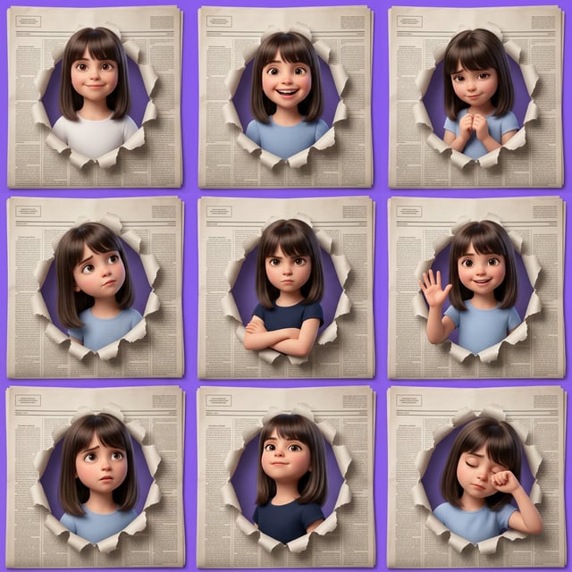 Reality breaking illusion newspaper breakout portrait of a cartoon girl showing various emotions and expressions.