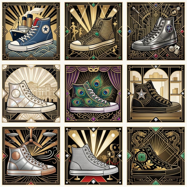 Advertising poster generator art deco poster featuring diverse stylish sneakers with elaborate decorative backgrounds and motifs.