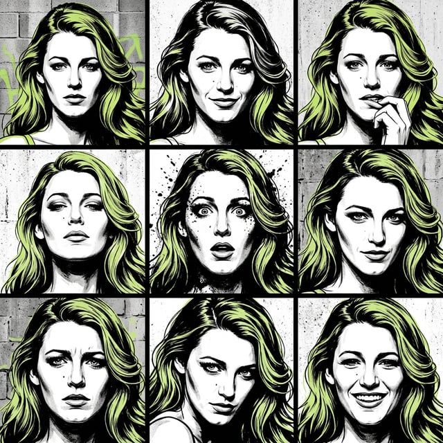 AI art movement brutalist graphic portraits of Blake Lively in various expressive poses with lime green hair.